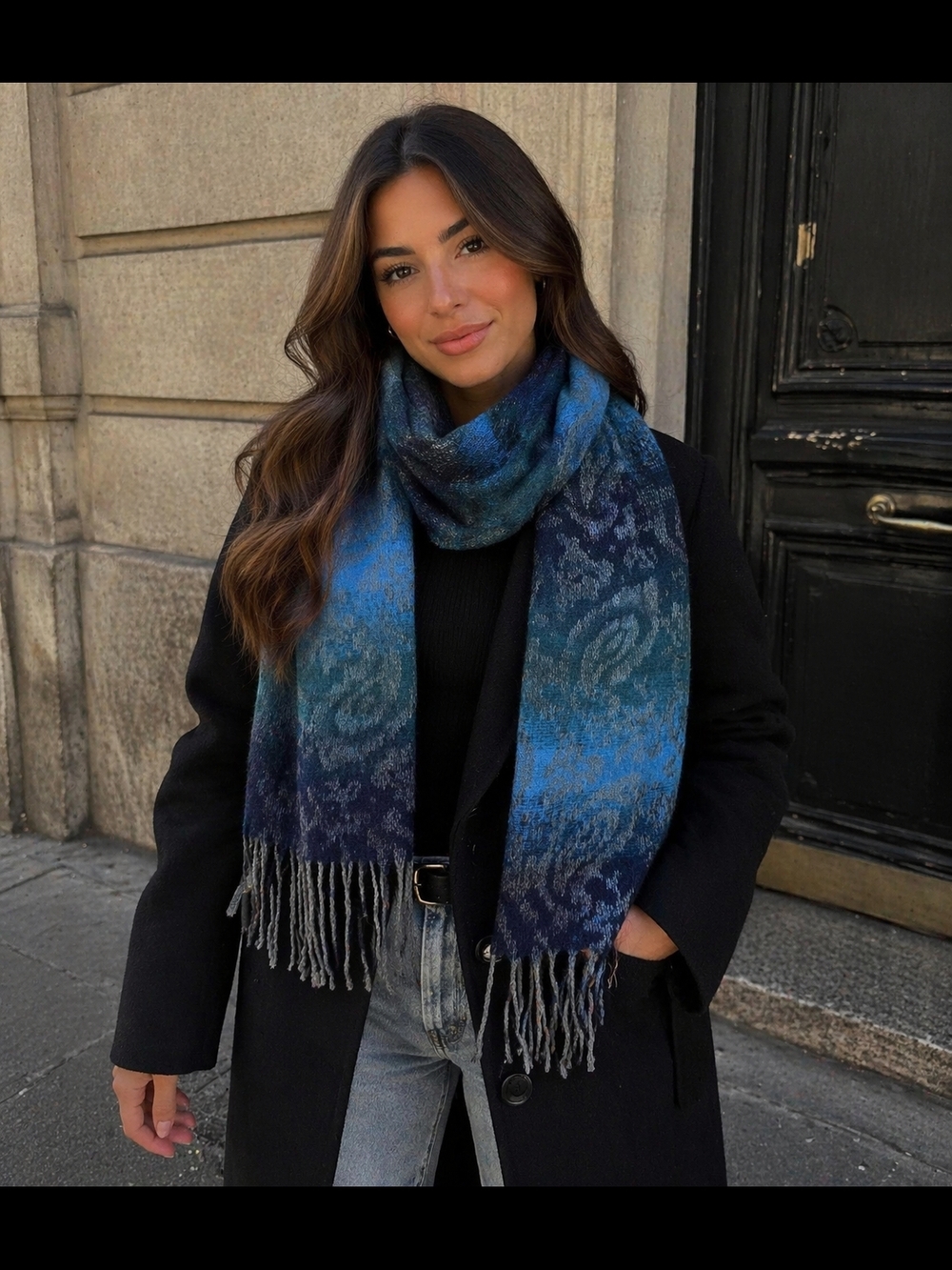 Steve Madden scarf with a gradient blue paisley print.